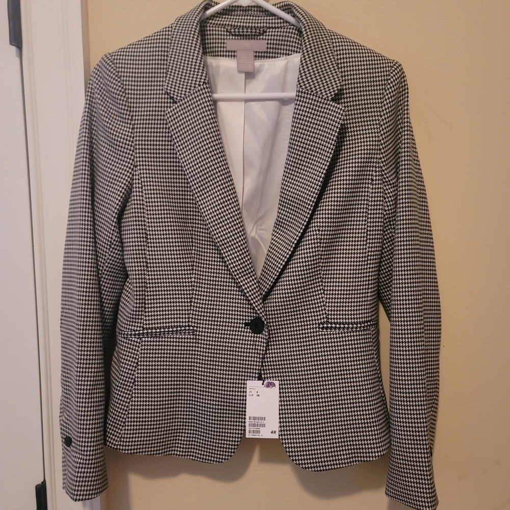NWT H&M Black & White Houndstooth Blazer Suit Coat Jacket